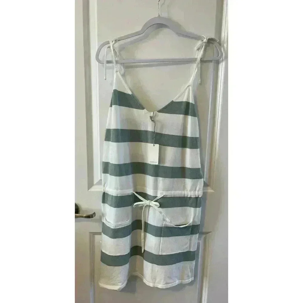 NWT Wishlist Women's Green/White striped skirt Romper Size L Pockets tied straps